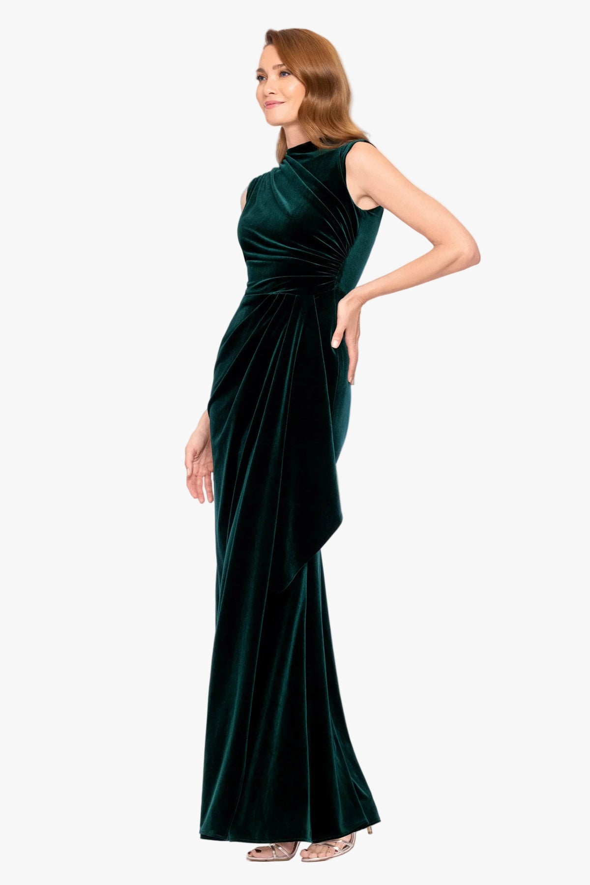 Betsy & Adam "Cherie" Velvet Side Ruched Dress - Hunter