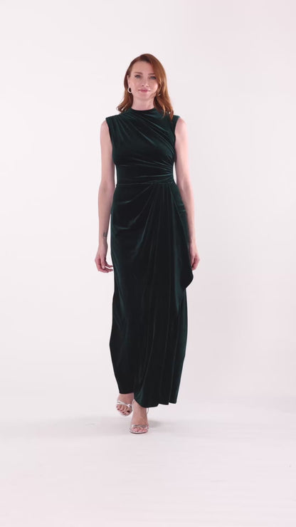 Betsy & Adam "Cherie" Velvet Side Ruched Dress - Hunter