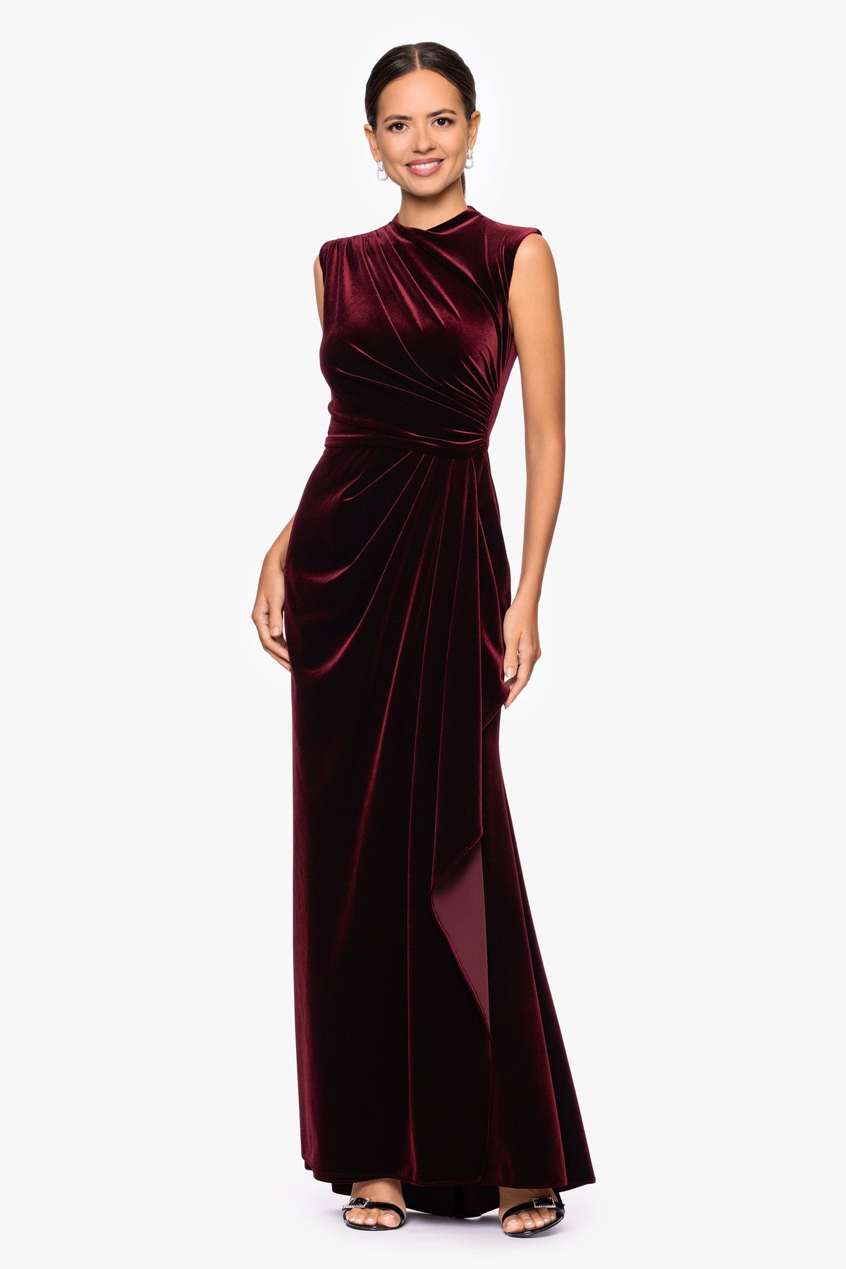Betsy & Adam "Cherie" Velvet Side Ruched Dress - Burgundy