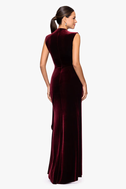 Betsy & Adam "Cherie" Velvet Side Ruched Dress - Burgundy