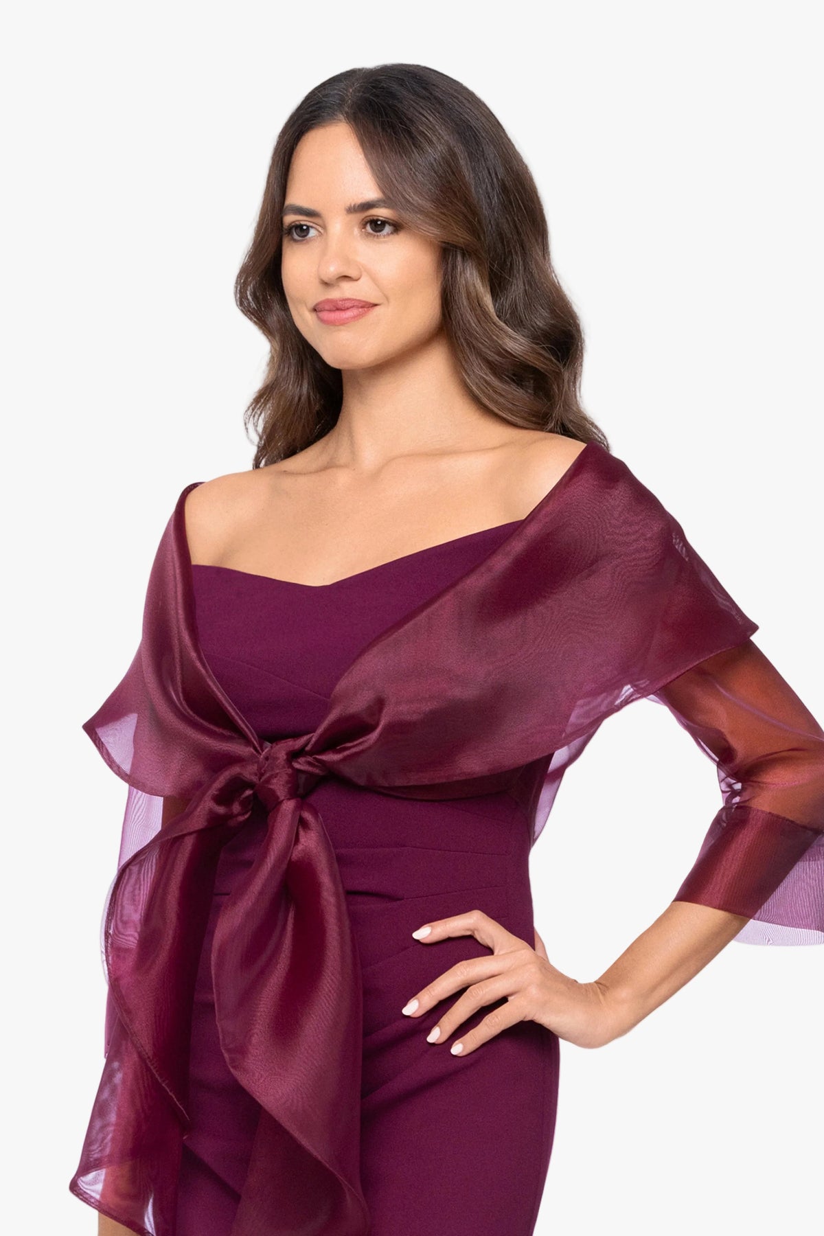 Betsy & Adam "Agnes" Organza 3/4 Sleeve Shawl Wrap - Wine