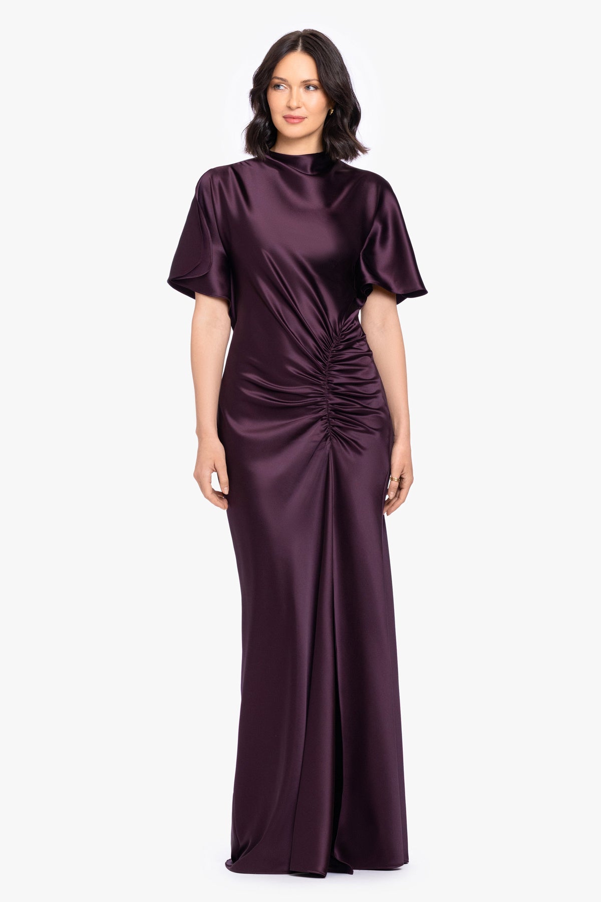 Betsy & Adam "Heidi" Satin Ruched Short Sleeve Dress - Plum