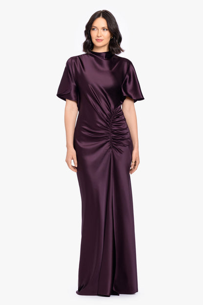 Betsy & Adam "Heidi" Satin Ruched Short Sleeve Dress - Plum