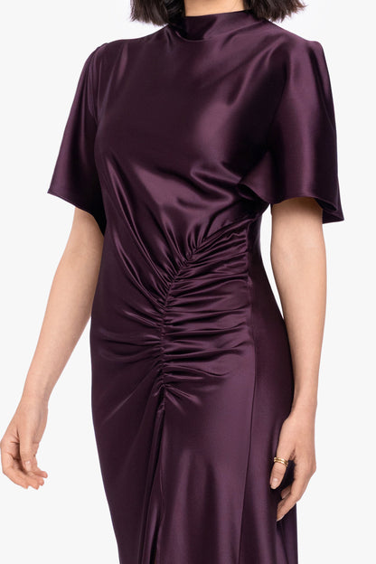 Betsy & Adam "Heidi" Satin Ruched Short Sleeve Dress - Plum