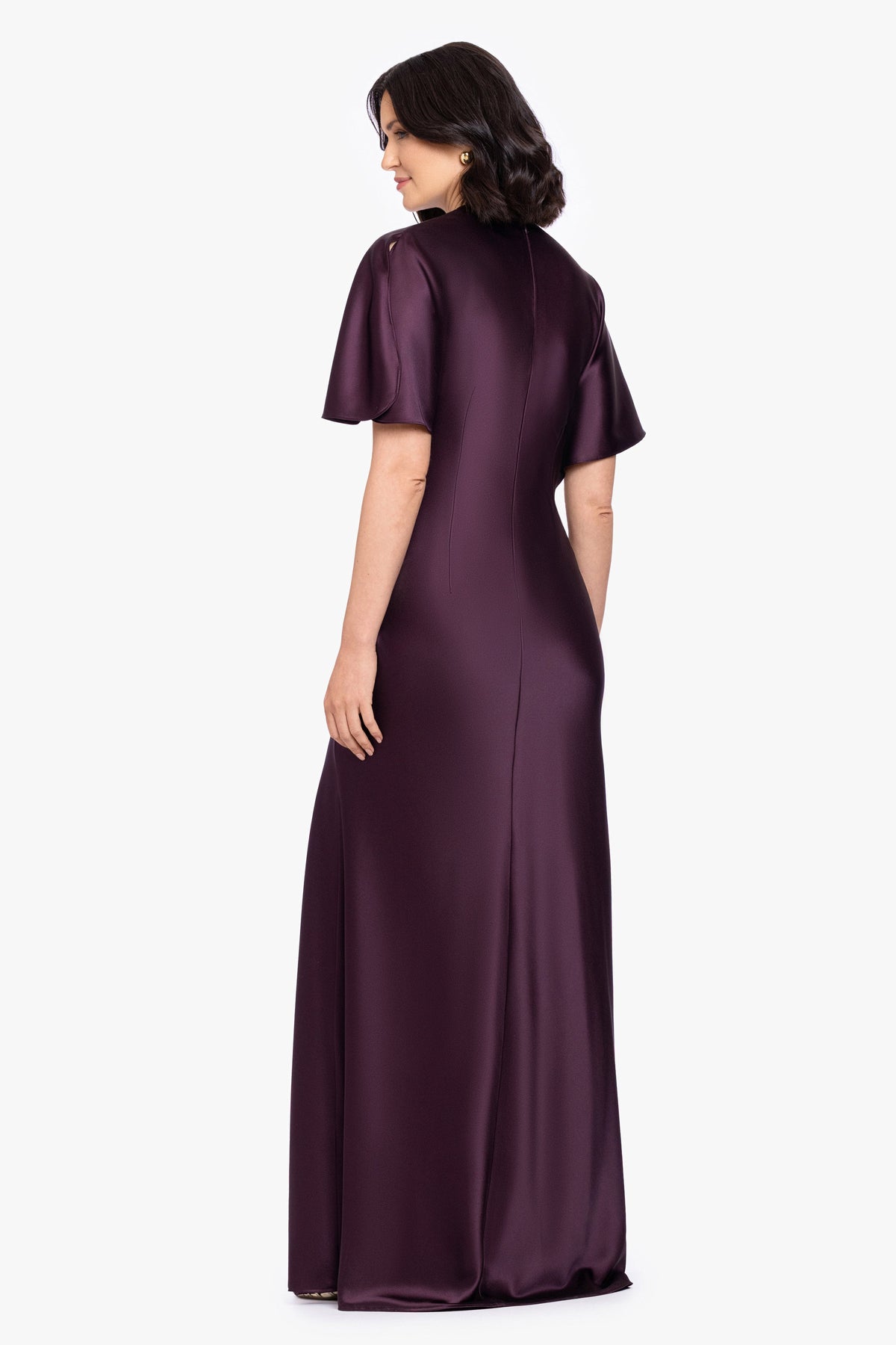 Betsy & Adam "Heidi" Satin Ruched Short Sleeve Dress - Plum