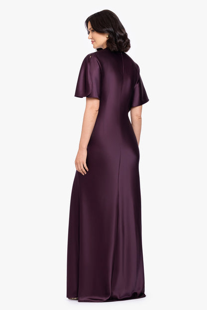 Betsy & Adam "Heidi" Satin Ruched Short Sleeve Dress - Plum