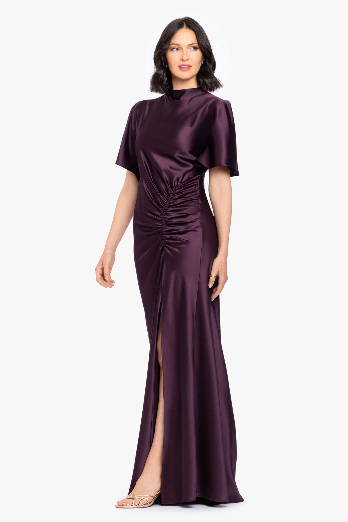 Betsy & Adam "Heidi" Satin Ruched Short Sleeve Dress - Plum