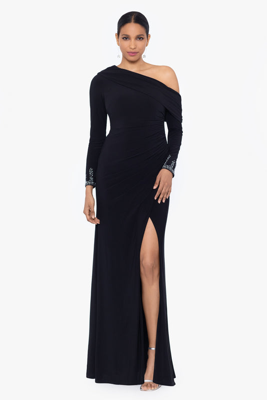 Betsy & Adam "Briar" Jersey Knit Off Shoulder Overlay Beaded Dress - Black/Silver
