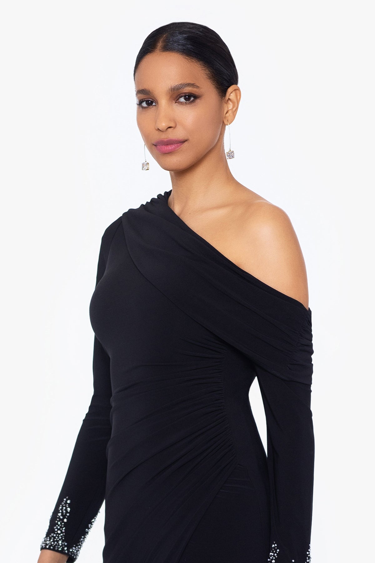 Betsy & Adam "Briar" Jersey Knit Off Shoulder Overlay Beaded Dress - Black/Silver