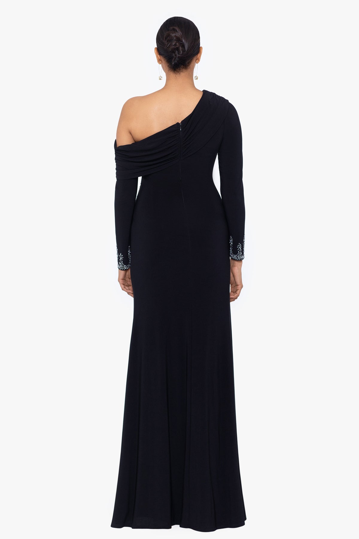 Betsy & Adam "Briar" Jersey Knit Off Shoulder Overlay Beaded Dress - Black/Silver