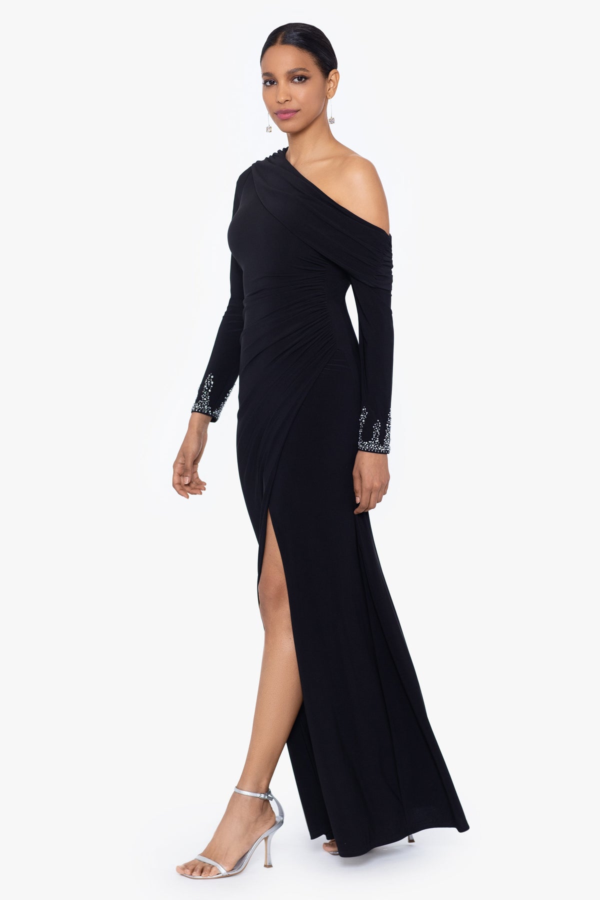 Betsy & Adam "Briar" Jersey Knit Off Shoulder Overlay Beaded Dress - Black/Silver