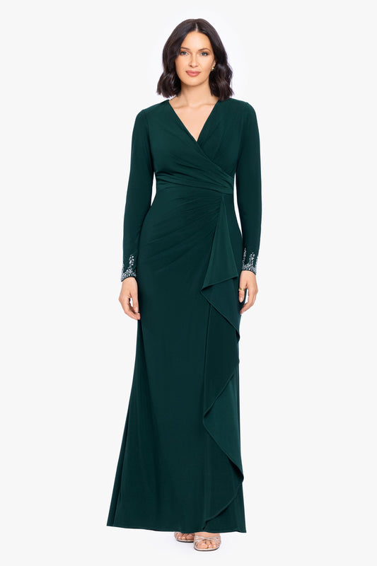 Betsy & Adam Petite "Lenora" Jersey Knit Beaded Long Sleeve V-Neck Dress - Forest