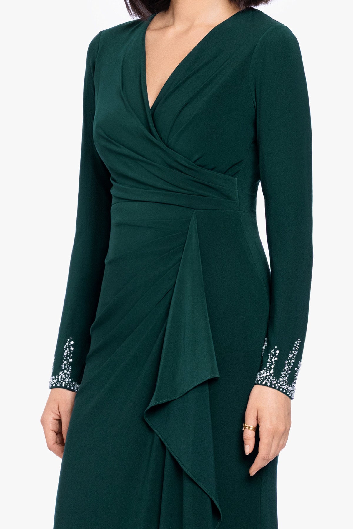 Betsy & Adam Petite "Lenora" Jersey Knit Beaded Long Sleeve V-Neck Dress - Forest