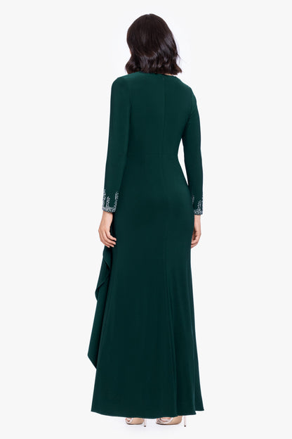 Betsy & Adam Petite "Lenora" Jersey Knit Beaded Long Sleeve V-Neck Dress - Forest