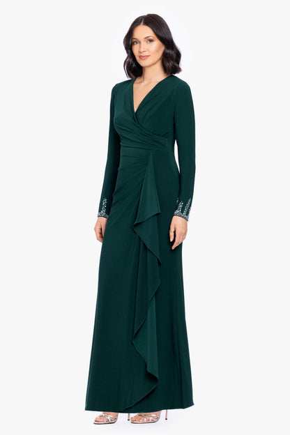 Betsy & Adam Petite "Lenora" Jersey Knit Beaded Long Sleeve V-Neck Dress - Forest