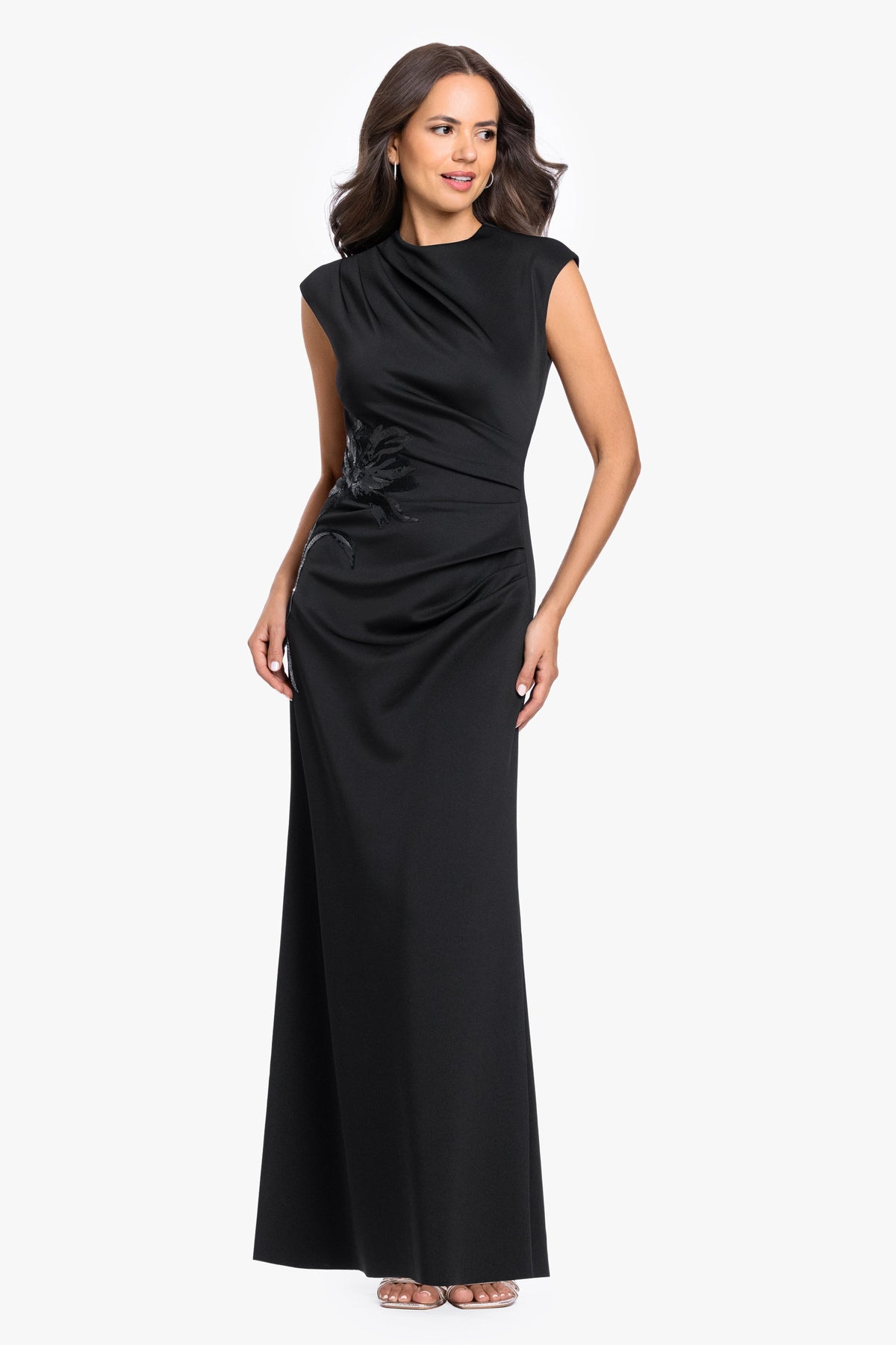 Betsy & Adam Petite "Phoebe" Techno Scuba Flower Applique Dress - Black