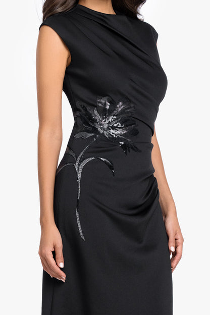 Betsy & Adam Petite "Phoebe" Techno Scuba Flower Applique Dress - Black