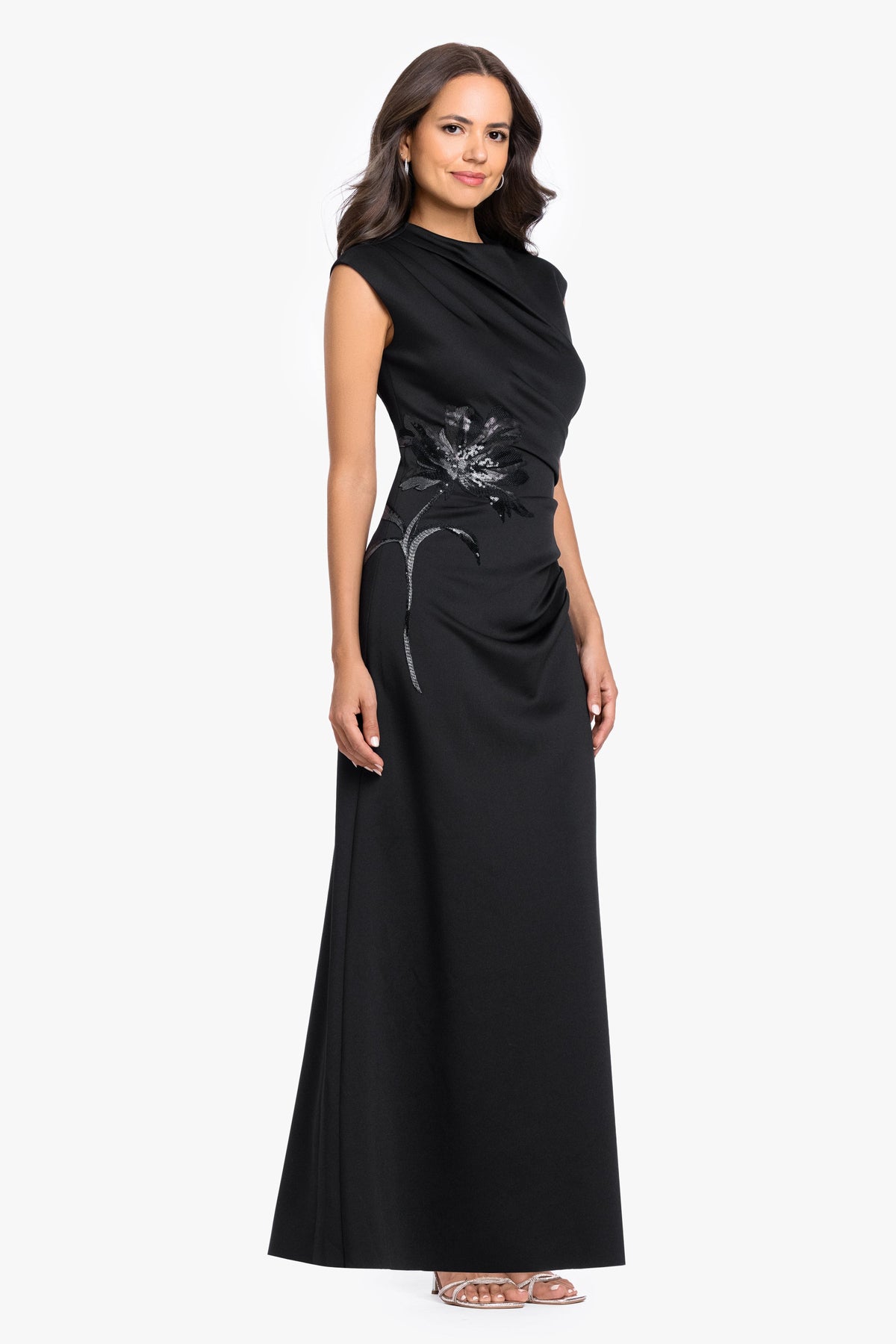 Betsy & Adam Petite "Phoebe" Techno Scuba Flower Applique Dress - Black