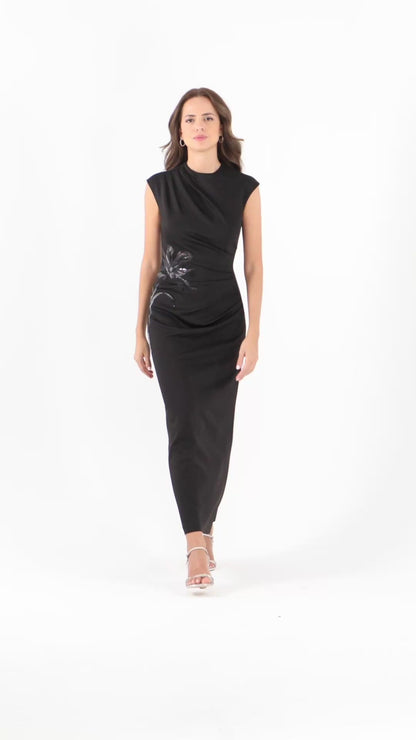 Betsy & Adam Petite "Phoebe" Techno Scuba Flower Applique Dress - Black
