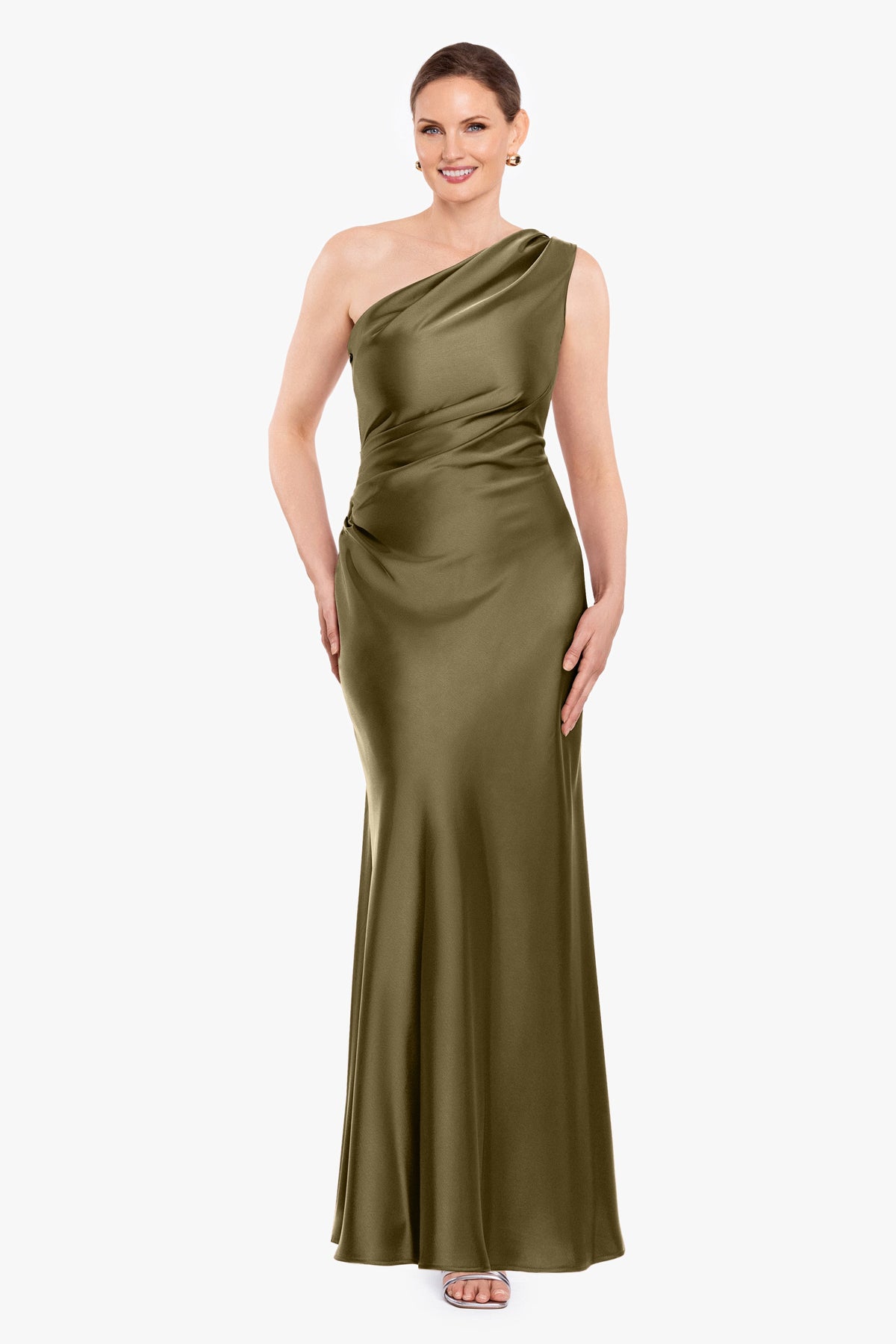 Betsy & Adam Petite "Magnolia" Satin One Shoulder Dress - Olive