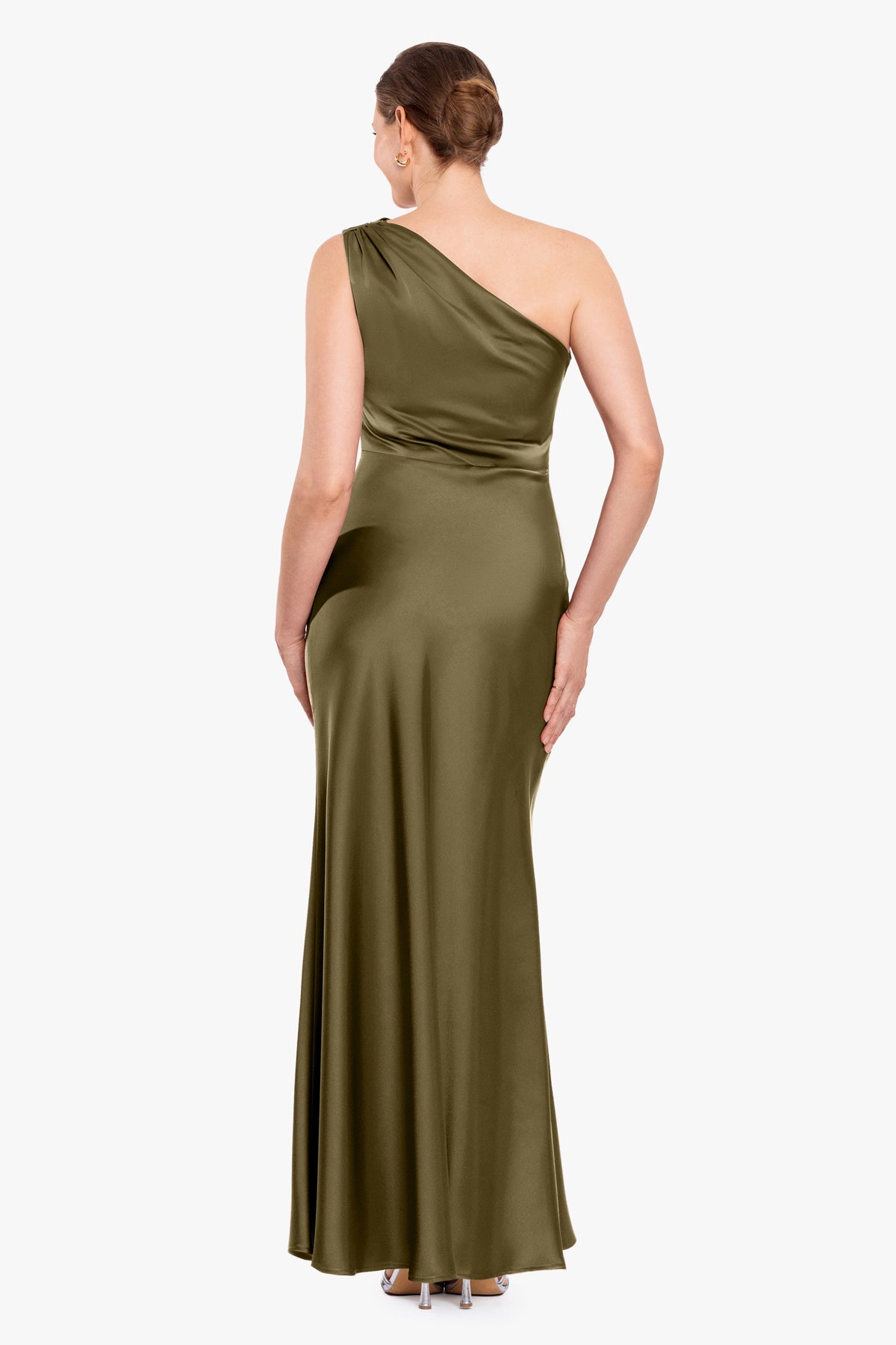 Betsy & Adam Petite "Magnolia" Satin One Shoulder Dress - Olive