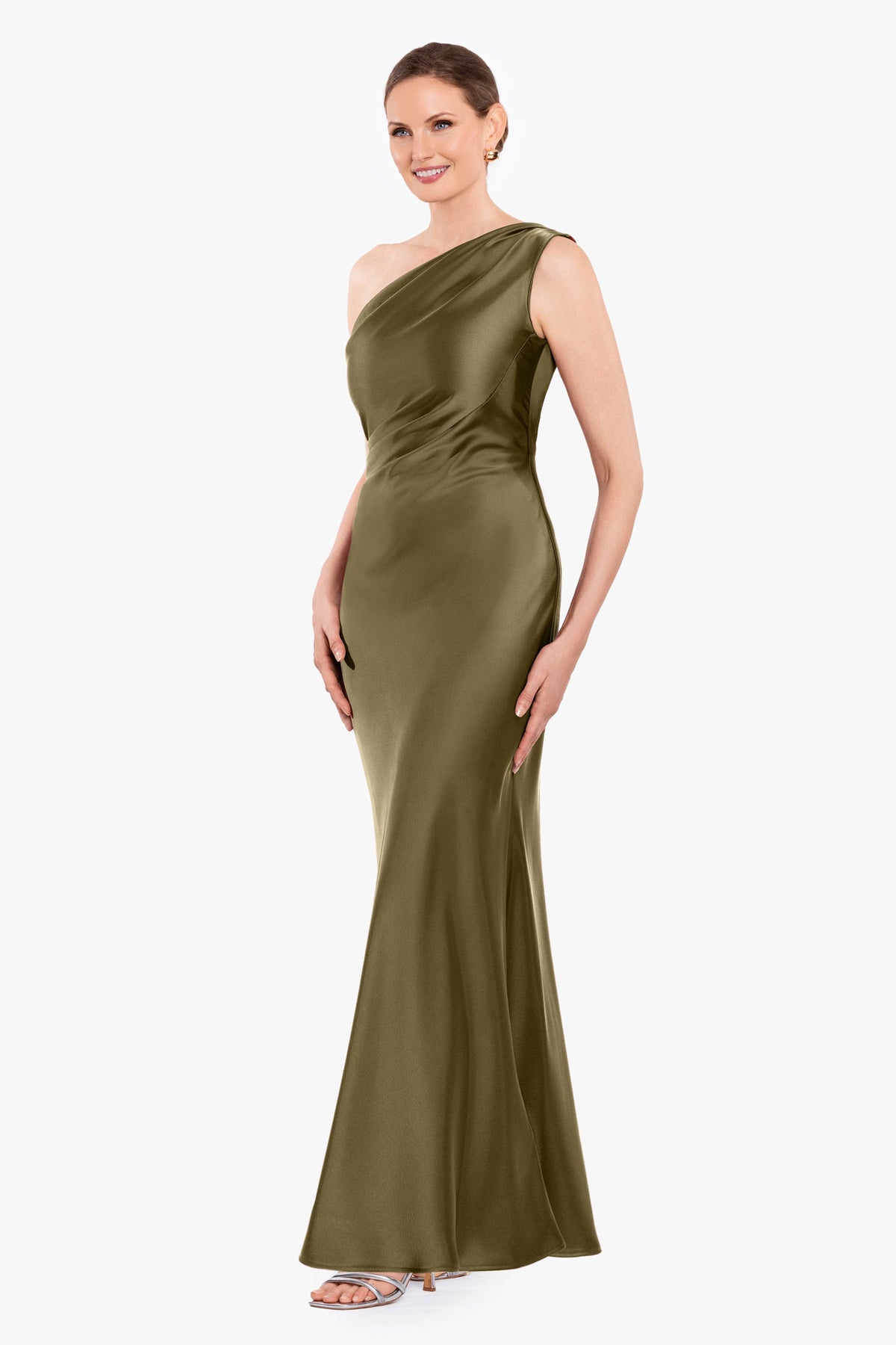 Betsy & Adam Petite "Magnolia" Satin One Shoulder Dress - Olive