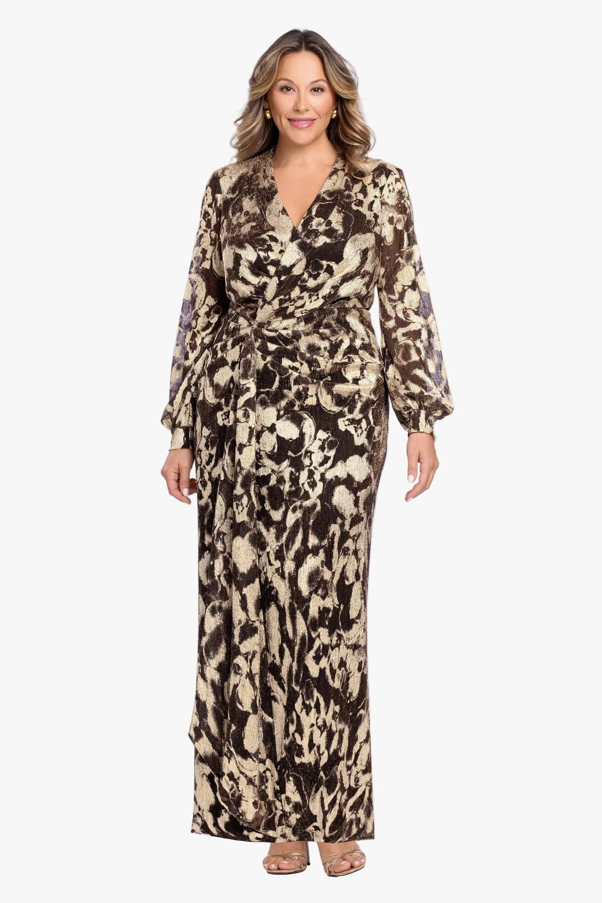 Betsy & Adam Plus "Bailey" Crinkle Metallic V-Neck Long Sleeve Dress - Brown/Gold