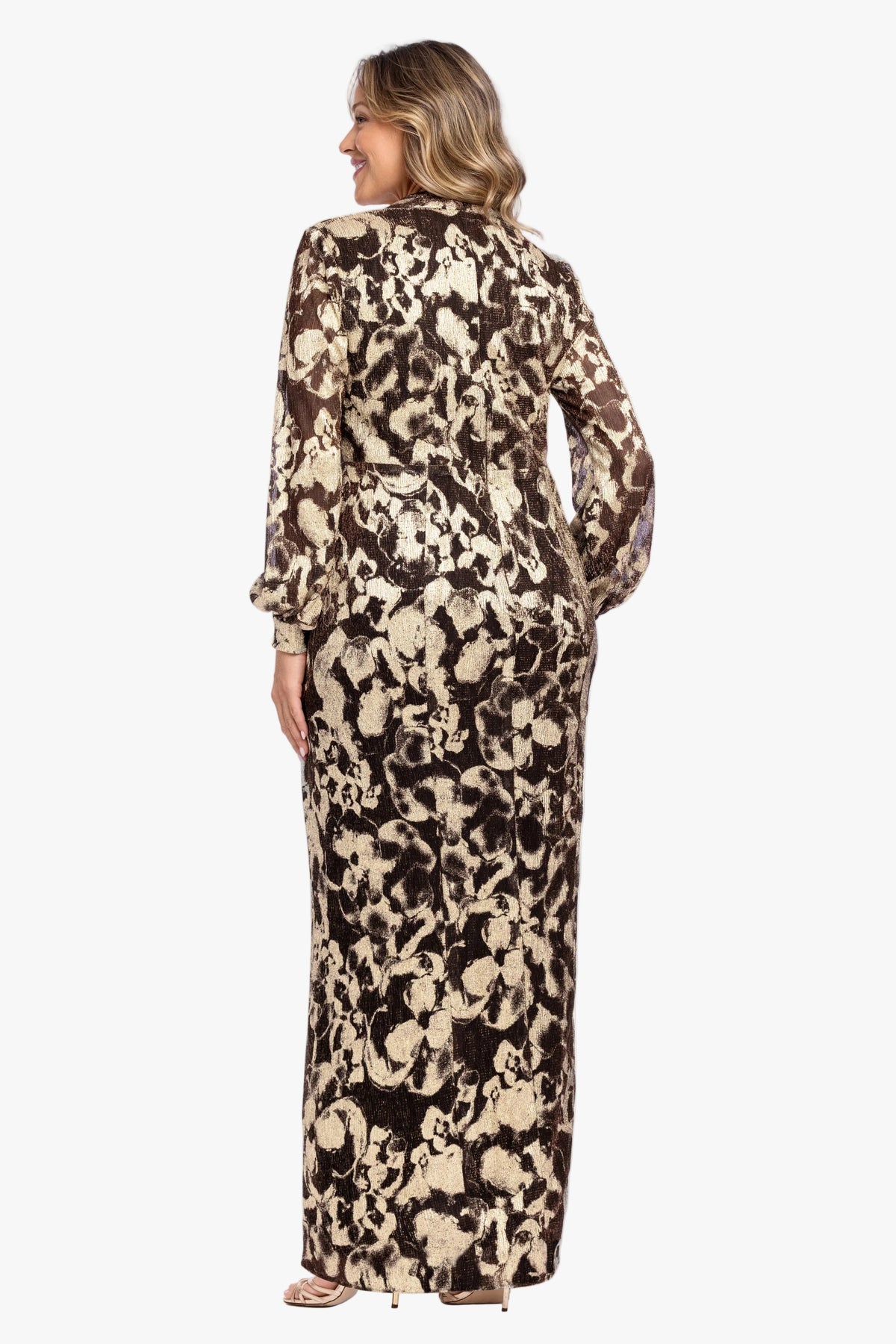 Betsy & Adam Plus "Bailey" Crinkle Metallic V-Neck Long Sleeve Dress - Brown/Gold