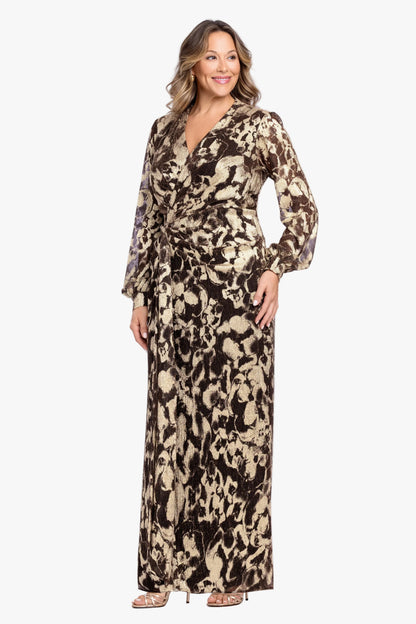Betsy & Adam Plus "Bailey" Crinkle Metallic V-Neck Long Sleeve Dress - Brown/Gold