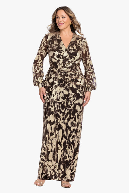 Betsy & Adam Plus "Bailey" Crinkle Metallic V-Neck Long Sleeve Dress - Brown/Gold
