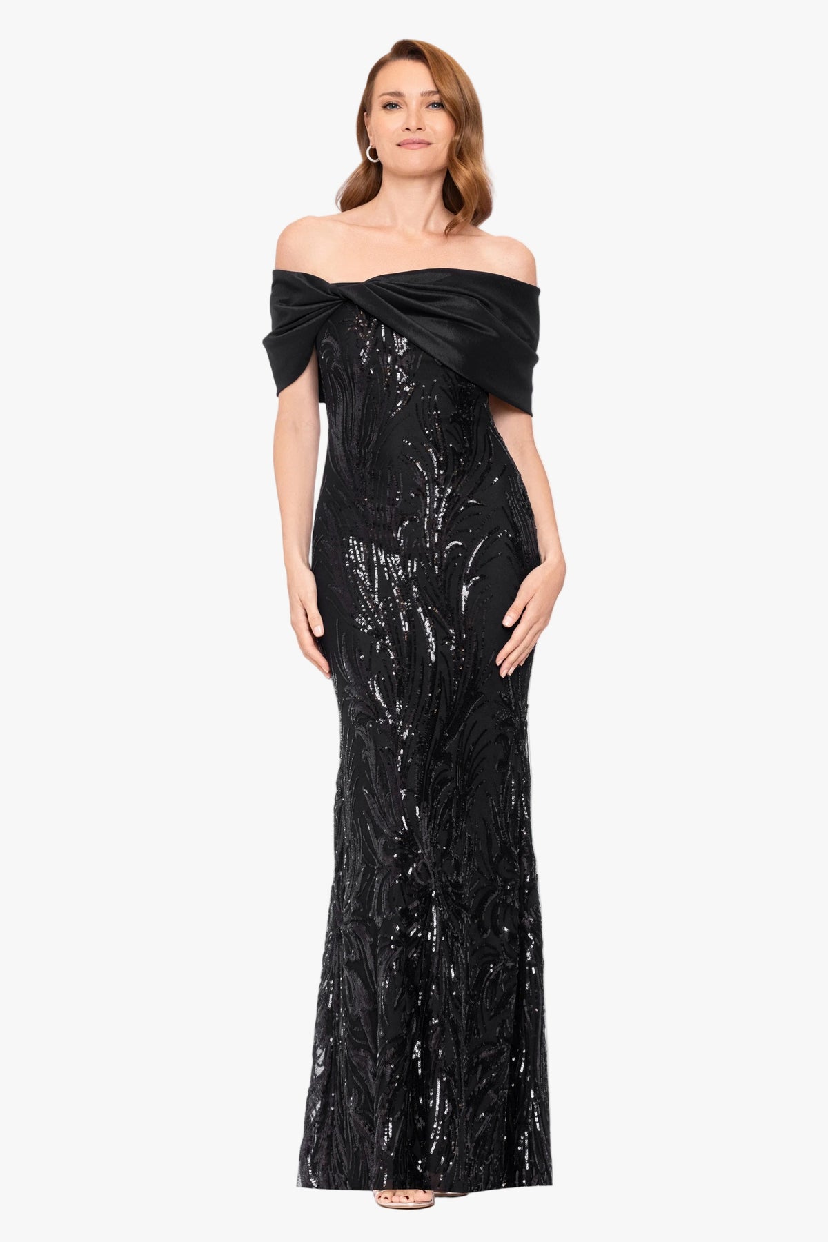 Betsy & Adam "Breezy" Sequin Off Shoulder Taffeta Twist Dress - Black