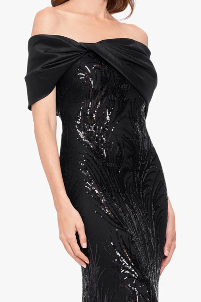 Betsy & Adam "Breezy" Sequin Off Shoulder Taffeta Twist Dress - Black