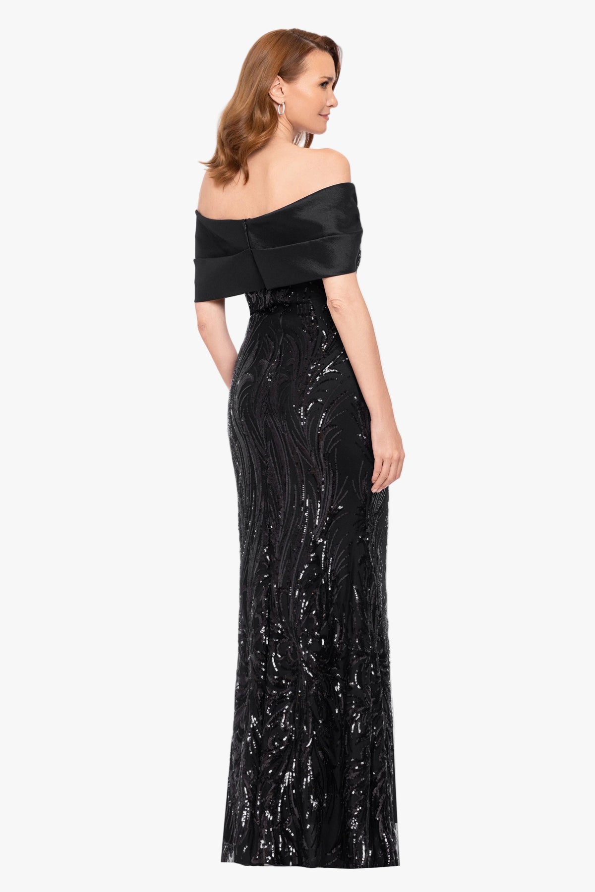 Betsy & Adam "Breezy" Sequin Off Shoulder Taffeta Twist Dress - Black