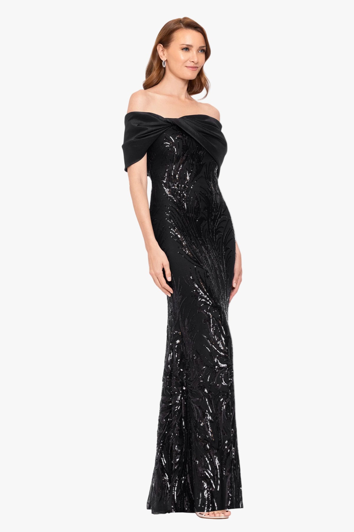 Betsy & Adam "Breezy" Sequin Off Shoulder Taffeta Twist Dress - Black