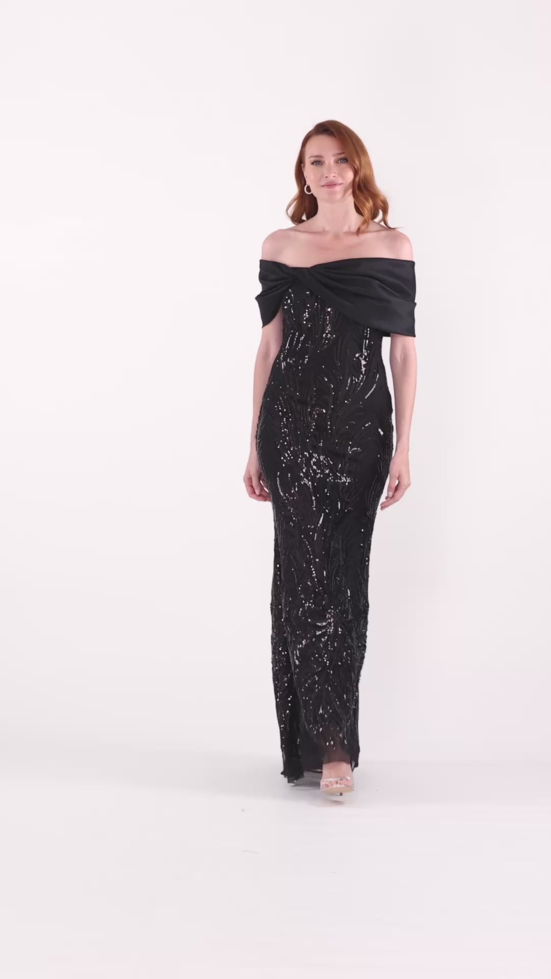Betsy & Adam "Breezy" Sequin Off Shoulder Taffeta Twist Dress - Black