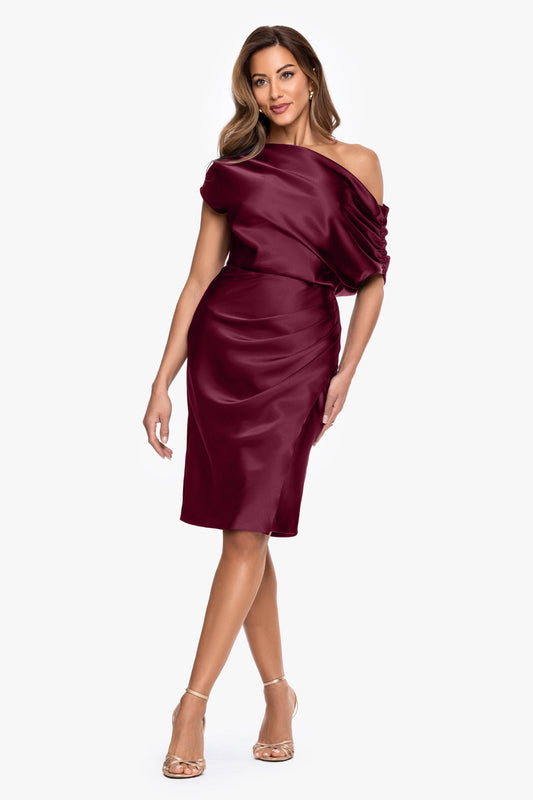 Betsy & Adam "Macy" Satin Off The Shoulder Ruched Short Dress - Burgundy