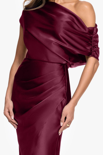 Betsy & Adam "Macy" Satin Off The Shoulder Ruched Short Dress - Burgundy