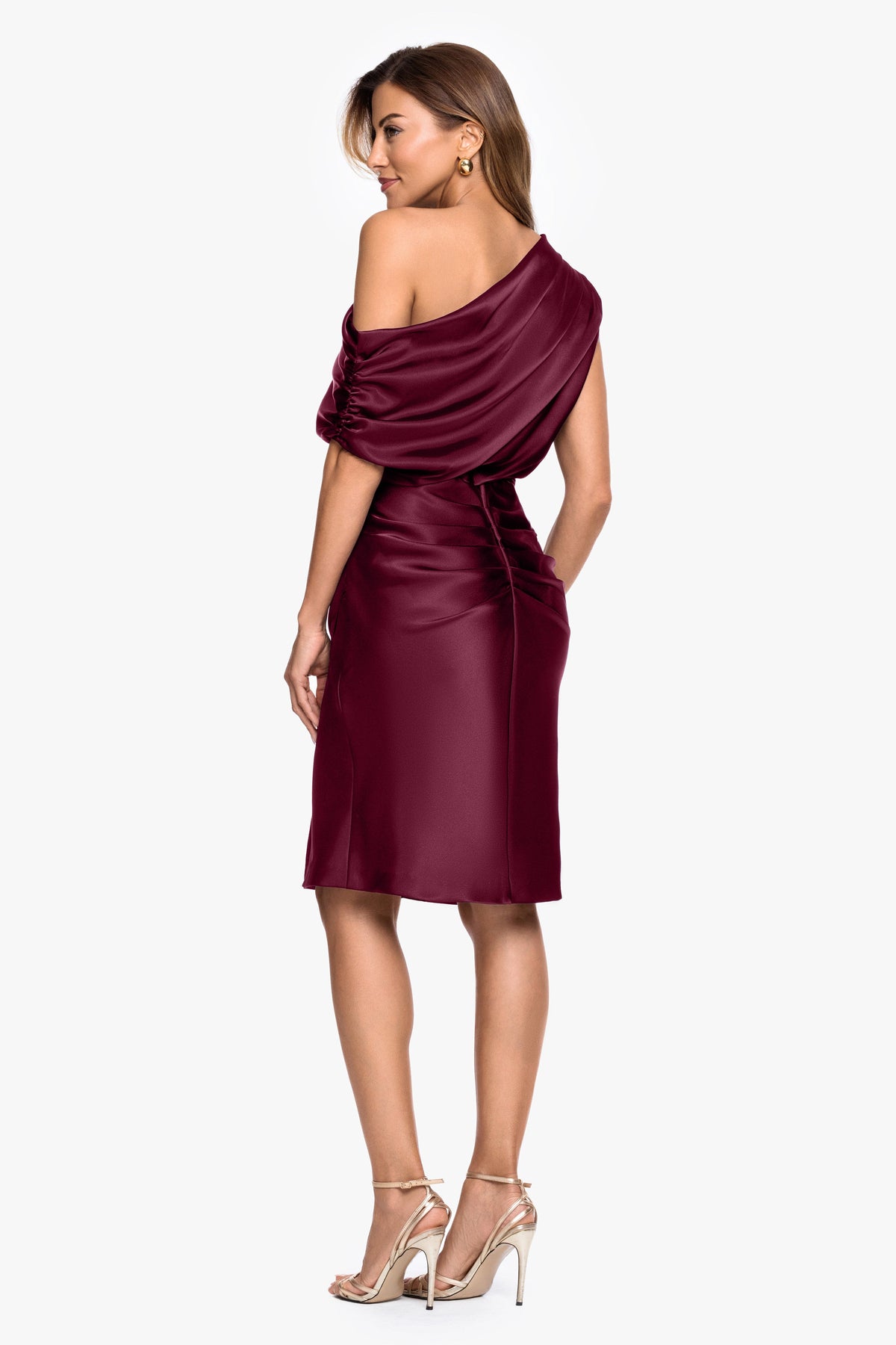 Betsy & Adam "Macy" Satin Off The Shoulder Ruched Short Dress - Burgundy