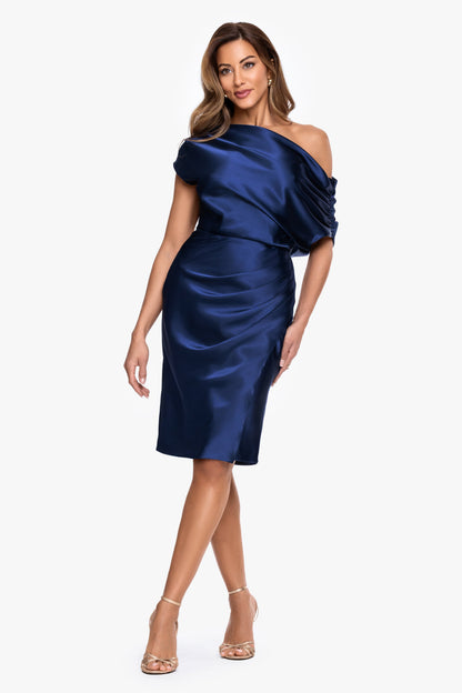 Betsy & Adam "Macy" Satin Off The Shoulder Ruched Short Dress - Burgundy