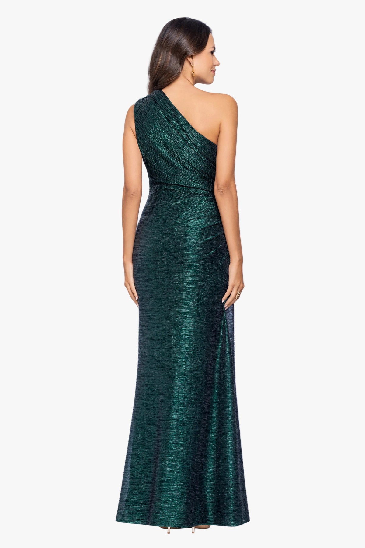 Betsy & Adam "Avril" Metallic One Shoulder Ruched Dress - Black/Emerald