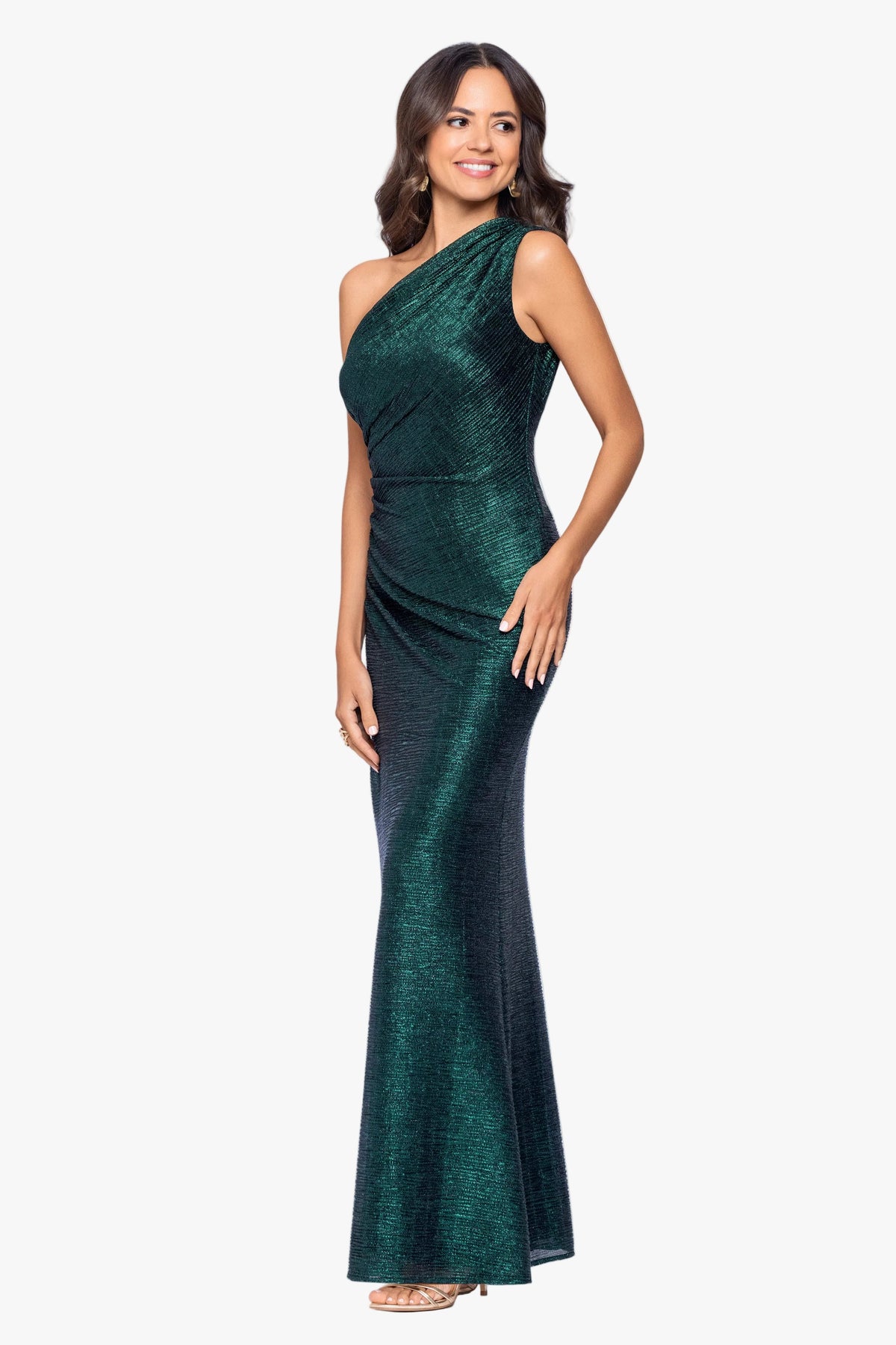 Betsy & Adam "Avril" Metallic One Shoulder Ruched Dress - Black/Emerald