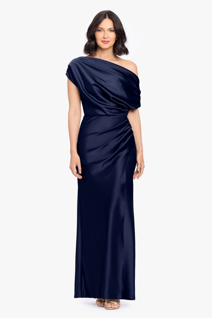 Betsy & Adam “Hailey” Double Faced Satin Off The Shoulder Ruched Dress - Navy