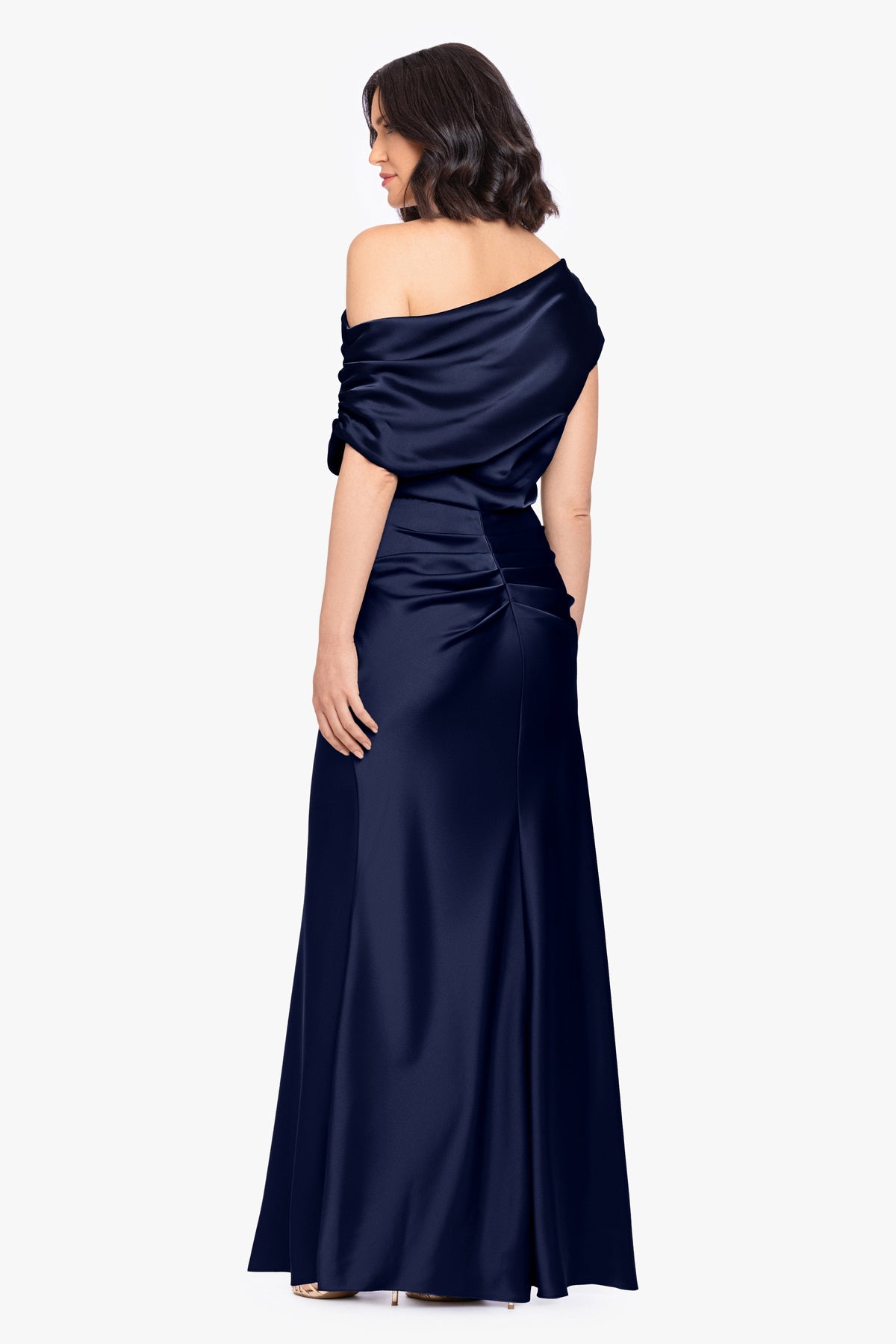 Betsy & Adam “Hailey” Double Faced Satin Off The Shoulder Ruched Dress - Navy