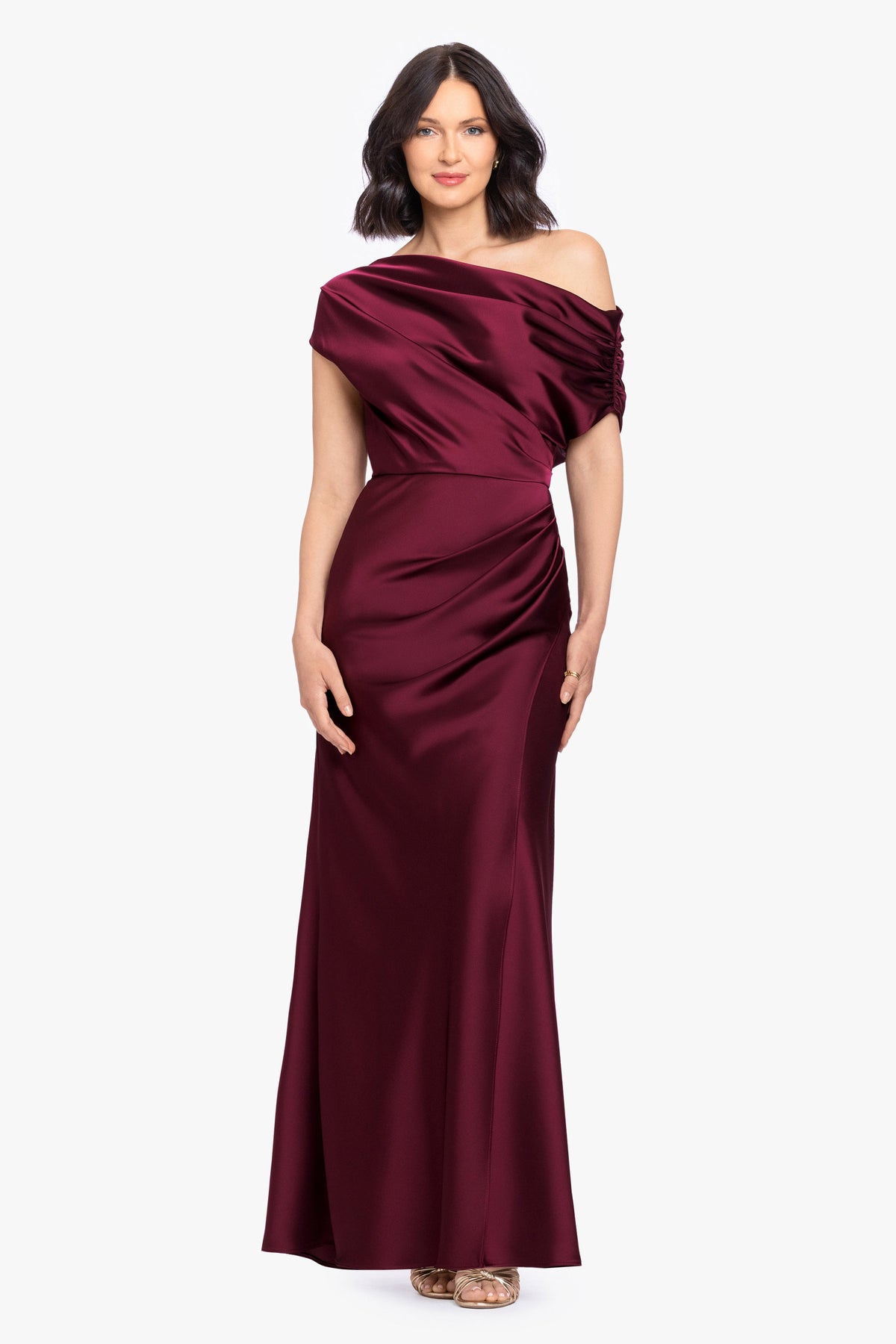 Betsy & Adam “Hailey” Double Faced Satin Off The Shoulder Ruched Dress - Navy