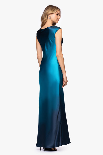 Betsy & Adam Petite "Annika" Ombre Satin Drape Neck Dress - Navy/Teal