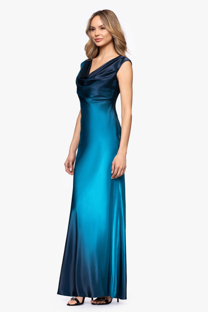Betsy & Adam Petite "Annika" Ombre Satin Drape Neck Dress - Navy/Teal