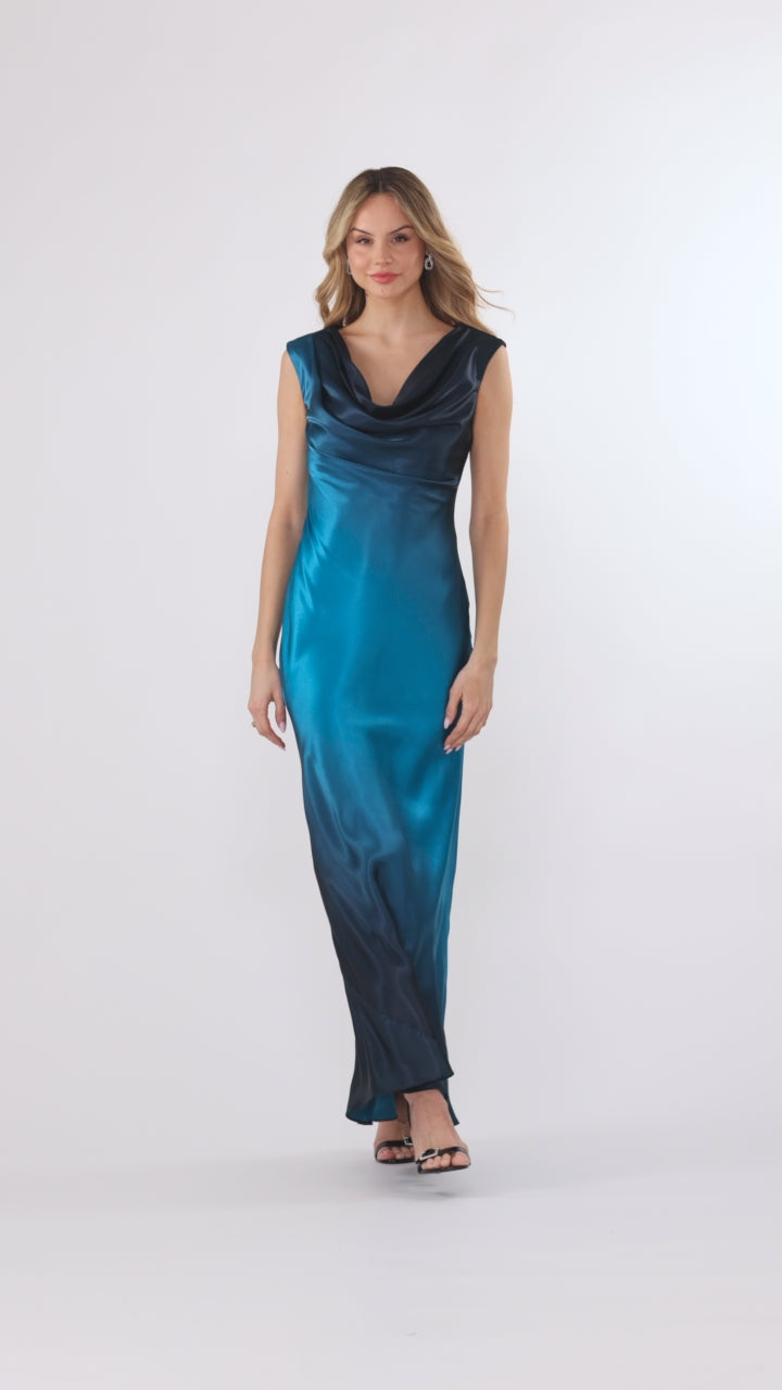 Betsy & Adam Petite "Annika" Ombre Satin Drape Neck Dress - Navy/Teal