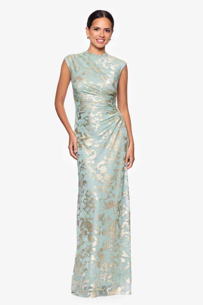 Betsy & Adam Petite "Cory" Metallic Print Ruched Dress - Sage/Gold