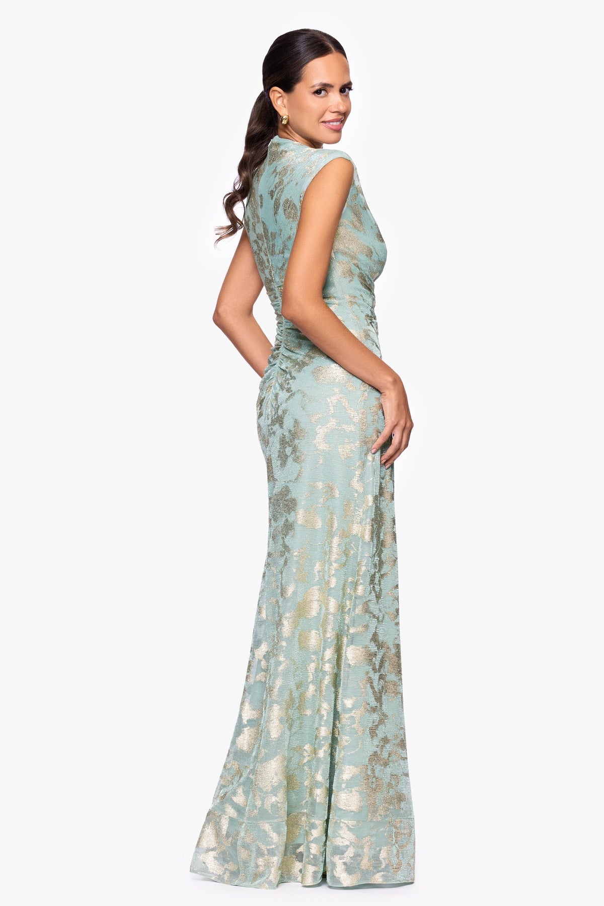Betsy & Adam Petite "Cory" Metallic Print Ruched Dress - Sage/Gold