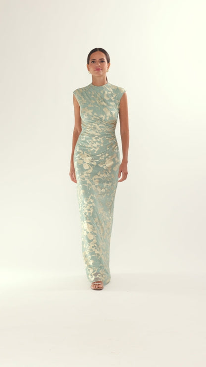 Betsy & Adam Petite "Cory" Metallic Print Ruched Dress - Sage/Gold